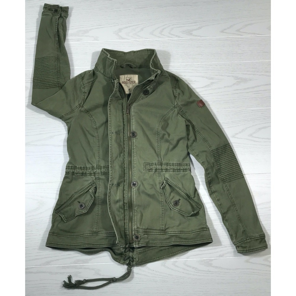 Hollister Military Utility Field Jacket Women Medium Green Canvas Zip Button Y2K